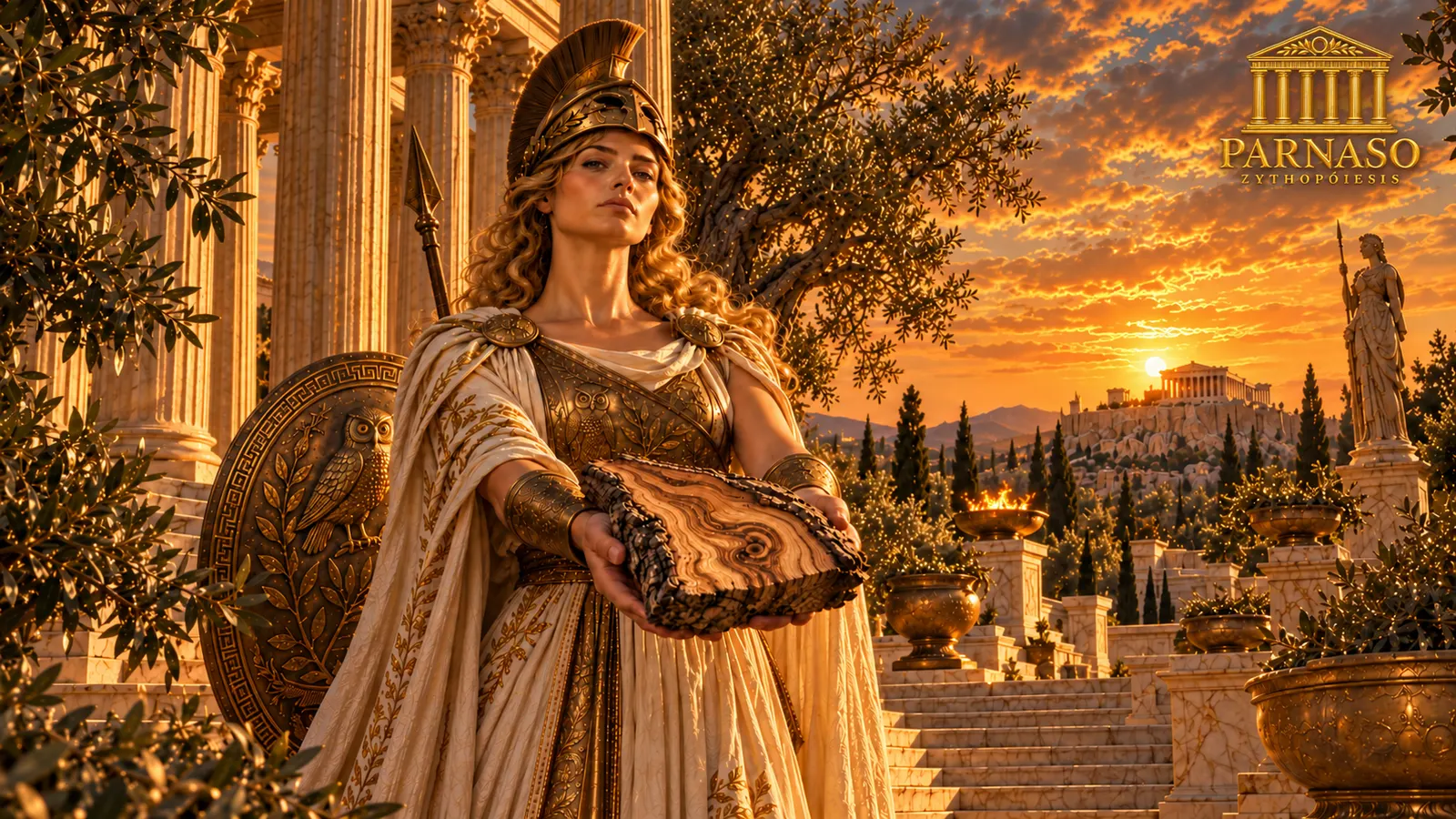 Atenea ofreciendo una pieza de madera de olivo ante la Acrópolis