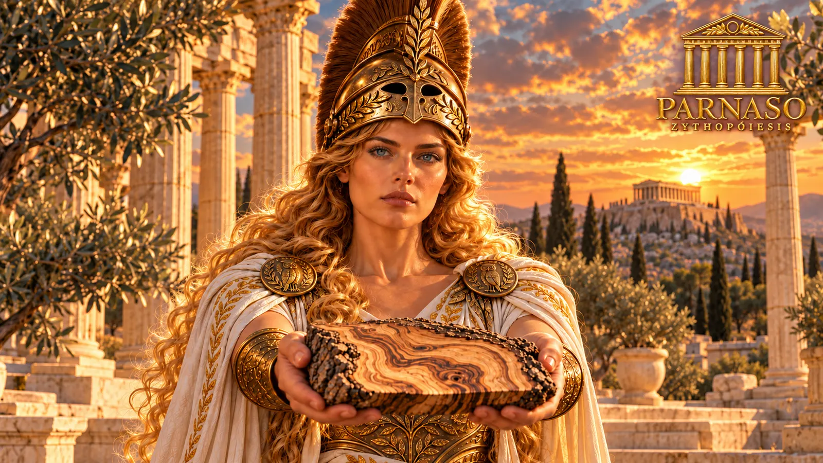 Atenea tendiendo la madera de olivo hacia quien mira